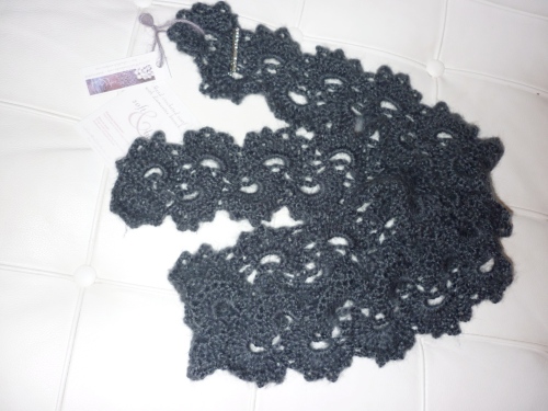 Charcoal mohair Victorian-floral-pattern hand-crocheted Soft and Lush scarf.