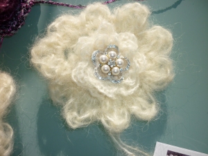 Soft and Lush - Cream mohair crochet brooch with diamontee and pearl detail.