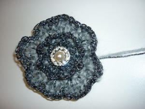 Soft and Lush - Grey and Silver crochet brooch with diamontee and pearl detail.