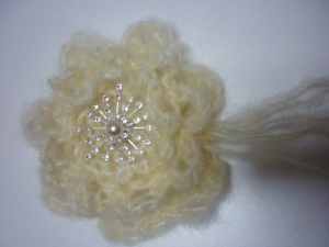 Soft and Lush Snowflake - Cream mohair crochet brooch with diamontee and pearl detail.
